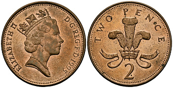 Великобритания 2 пенса 1995 Елизавета II (1952-2022) KM 936a, Spink 4376 (C4) сталь плакированная медью 3333-236