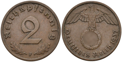 Германия 2 рейхспфеннига 1937 F KM 90, J. 362 бронза 4147-1256