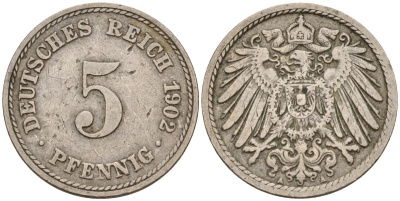 Германия 5 пфеннигов 1902 A KM 11, J. 12 медно-никель 4151-435