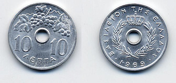 Греция 10 лепта 1969 Константин II (1964-1973), виноградная гроздь KM 78 алюминий UNC 41-611