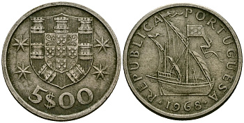 Португалия 5 эскудо 1968 KM 591 медно-никель 4138-216
