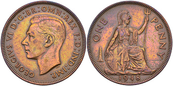 Великобритания 1 пенни 1948 Георг VI (1936-1952) KM 845, Spink 4114 бронза 4590-1236
