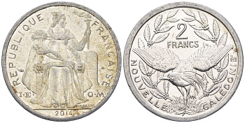 Французская Новая Каледония 2 франка 2014 птица кагу, (IEOM) KM 14, Schoen 11 алюминий    27-132