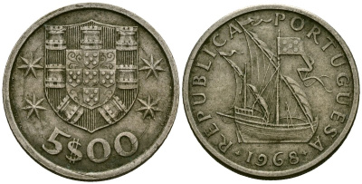 Португалия 5 эскудо 1968 KM 591 медно-никель 4138-216