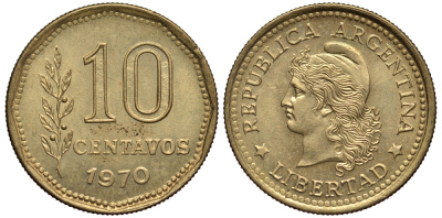 Аргентина 10 сентаво 1970 голова свободы влево KM 66 алюминиевая бронза XF-UNC 4181-221