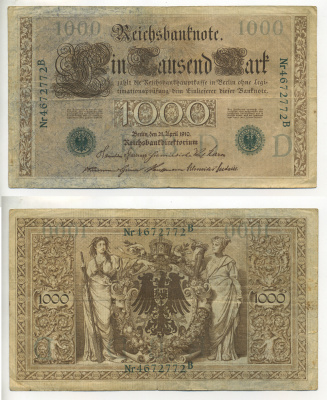Германия 1000 марок 1910 зеленая печать, 7 цифр в номере Pick 45 b  бумага   7217-51-1-2