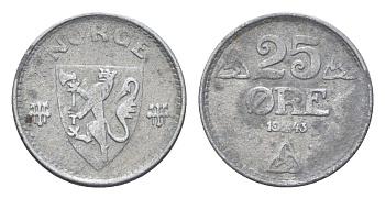 Норвегия 25 эре 1943 Хокон VII (1905-1957) KM 395 цинк 4705-843