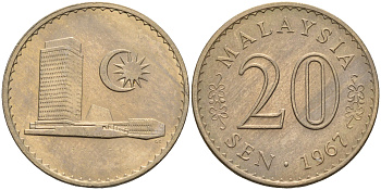 Малайзия 20 сенов 1967 здание Парламента KM 4 медно-никель UNC 4591-253