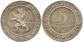 БЕЛЬГИЯ 5 САНТИМОВ 1862 BELGES KM 21 медно-никель 4564-114