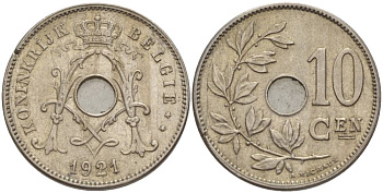 БЕЛЬГИЯ 10 САНТИМОВ 1921 BELGIE KM 86 медно-никель 4546-136