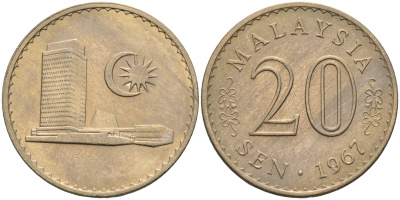 Малайзия 20 сенов 1967 здание Парламента KM 4 медно-никель UNC 4591-253