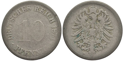 ГЕРМАНИЯ 10 ПФЕННИГОВ 1874 F, СТАРОГЕРБОВКА KM 4, Jager 4, Weege 7 медно-никель 4546-1116
