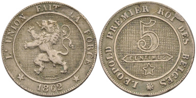 БЕЛЬГИЯ 5 САНТИМОВ 1862 BELGES KM 21 медно-никель 4564-114