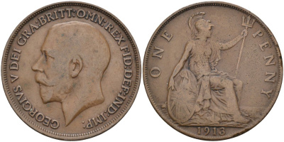 Великобритания 1 пенни 1913 Георг V (1910-1936) KM 810, Spink 4051 бронза 4117-742