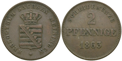 Саксен-Мейнинген 2 пфеннига 1863 Бернгард II (1803-1866) KM 171 медь 99-639