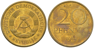 ГДР 20 пфеннигов 1989 A KM 11 латунь 4573-1121