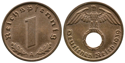 Германия 1 рейхспфенниг 1939 A KM 89, J. 361 бронза    220-345