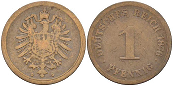 ГЕРМАНИЯ 1 ПФЕННИГ 1876 D, СТАРОГЕРБОВКА KM 1, J. 1, Weege 1 медь 206-1042