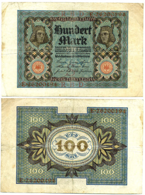 Германия 100 марок 1920 Бамбергский всадник, 8 цифр в номере Pick 69 b, Розенберг 69b бумага 3295-116-2-2