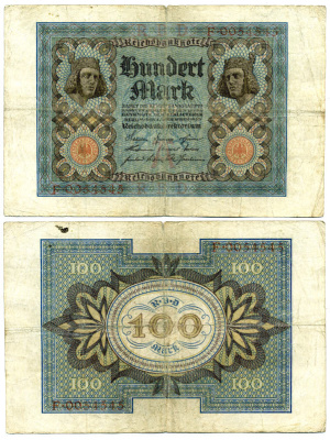 Германия 100 марок 1920 Бамбергский всадник, 7 цифр в номере Pick 69 a, Розенберг 67а  бумага 3295-113-3-1