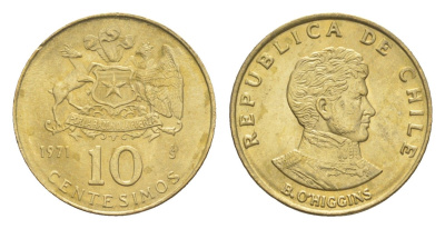 Чили 10 сентесимо 1971 год-тип KM 194 алюминиевая бронза UNC 4651-527