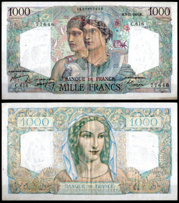 Франция 1000 франков 1949 Pick 130 b бумага 7198-5-3-2