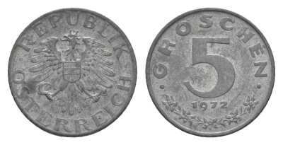 Австрия 5 грошей 1972 KM 2875 цинк UNC 4567-712