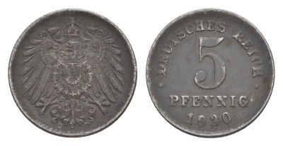 Германия 5 пфеннигов 1920 D KM 19, J. 297 железо 4647-1012