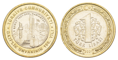 Турция 1 лира 2021 100 лет присвоения Газиантепу титул KM NEW биметалл  UNC  M64-06