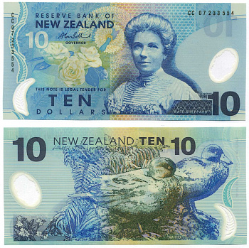 НОВАЯ ЗЕЛАНДИЯ 10 ДОЛЛАРОВ 2007 СЕРИЯ СС, КЕЙТ ШЕППАРД (1847-1934), ЛАЗУРНАЯ ИЛИ СИНЯЯ УТКА (WHIO), ПОДПИСЬ ALAN BOLLARD Pick 186b пластик UNC (ПРЕСС) 8611-53-1