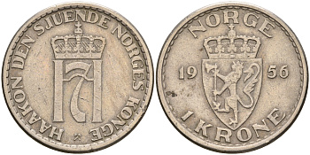 Норвегия 1 крона 1956 Хокон VII (1905-1957) KM 397 медно-никель 4606-712