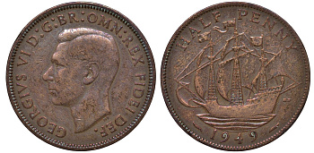 Великобритания 1/2 пенни 1949 Георг VI (1936-1952) KM 868, Spink 4118 бронза 4122-814