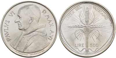 Ватикан 500 лир 1968 VI год, Павел VI (1963-1978), FAO, крест из колосьев KM 107 серебро    4512-842