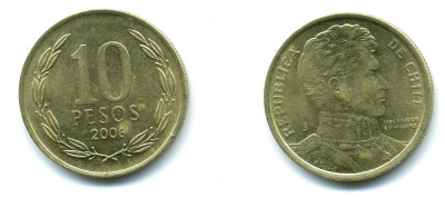 ЧИЛИ 10 ПЕСО 2006 ГЕНЕРАЛ БЕРНАРДО О ХИГГИНС KM 228.2 никель-бронза 37-261