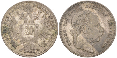 Австрия 20 крейцеров 1868 Франц Иосиф I (1892-1918) KM 2212 серебро 4391-1213