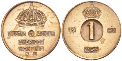 Швеция 1 эре 1964 U, Густав VI Адольф (1950-1973) KM 820 бронза 4547-1049