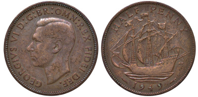 Великобритания 1/2 пенни 1949 Георг VI (1936-1952) KM 868, Spink 4118 бронза 4122-814