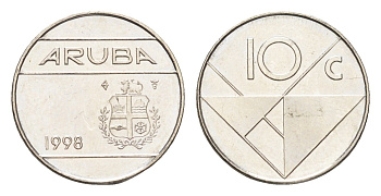 Аруба 10 центов 1998 KM 2 сталь плакированная никелем UNC 4659-1245