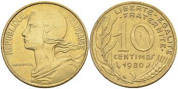 Франция 10 сантимов 1980 тип Марианна KM 929 медь алюминий никель    4594-1213