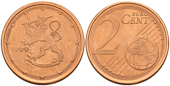 Финляндия 2 евроцента 1999  KM 99 сталь плакированная медью  UNC  4160-349