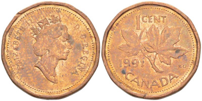 Канада 1 цент 1991 Елизавета II (1952-2022), кленовый лист KM 181 бронза 3458-1132