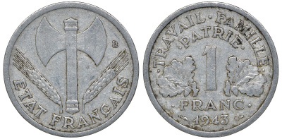 Франция 1 франк 1943 правительство Виши KM 902.1, Le Franc 223.3 алюминий 4163-421