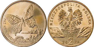Польша 2 злотых 2001 MW, серия сохраним природу, бабочка махаон KM 414 нордик UNC 4521-1134