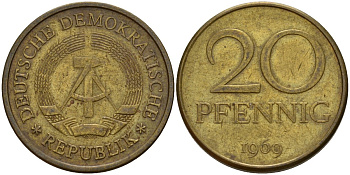 ГДР 20 пфеннигов 1969 A, первый год KM 11 латунь 98-346