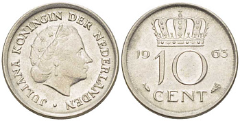 НИДЕРЛАНДЫ 10 ЦЕНТОВ 1963 ЮЛИАНА (1948-1980) KM 182 никель 214-1166