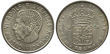 Швеция 2 кроны 1963 U, Густав VI Адольф (1950-1973) KM 827 серебро 00-00