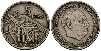 Испания 5 песет 1957 Франсиско Франко (1939 - 1975) KM 786 медно-никель 4177-856
