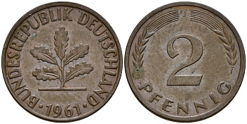 ФРГ 2 пфеннига 1961 J J.381  KM 106 бронза  4598-724