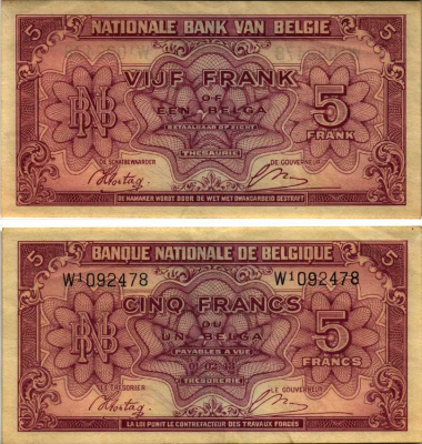 БЕЛЬГИЯ 5 ФРАНКОВ 1944 1 ФЕВРАЛЯ 1943, КОРОЛЬ В ИЗГНАНИИ Pick 121 бумага XF 7214-48-1-1