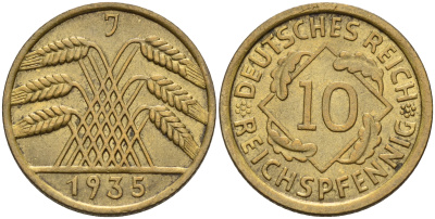 Германия 10 рентенпфеннигов 1924 G KM 33, J. 309, Weege 8 алюминиевая бронза    4143-346